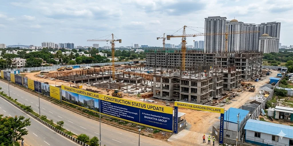 Current construction status of Bhartiya Garden Enclave (Nikoo 8) in Bellahalli, North Bangalore, showing tower progression.